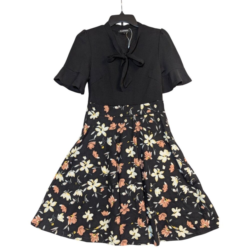 Black Floral Vintage-Inspired Dress With Tie Neck & Flared Skirt - Size M By Ran